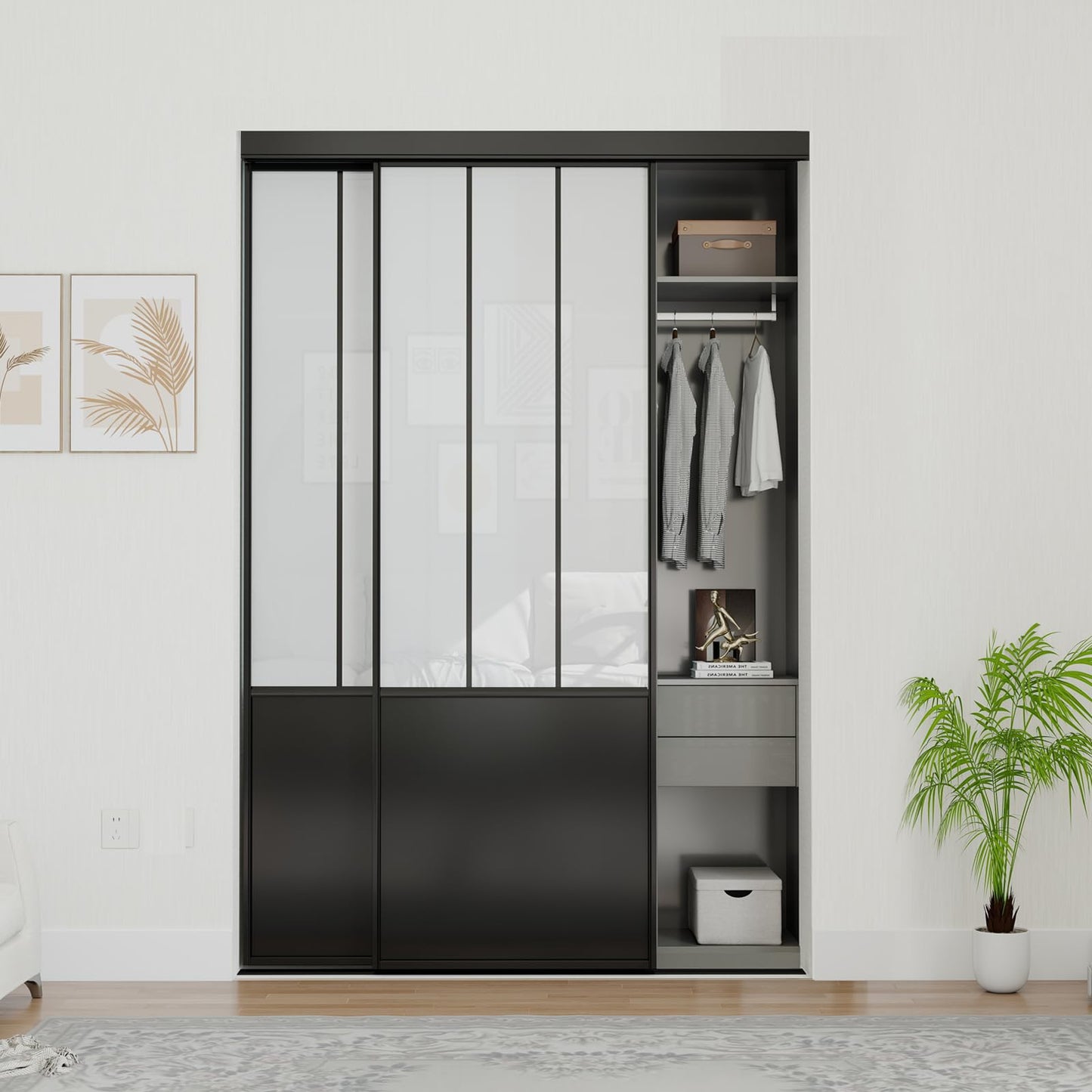 JUBEST Sliding Closet Door 48 x 80", Black Farmhouse Sliding Door with Top & Bottom Track Kits, Preassembled Frosted Glass Bypass Closet Door, Easy to Install