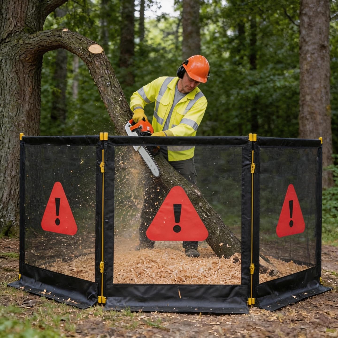 Heavy-Duty 3-Section Debris Containment Mesh Barriers - Portable Safety Barrier with Nylon Coated Mesh & Metal Frame for Controlling Chips, Grinding, Stumps, Brush