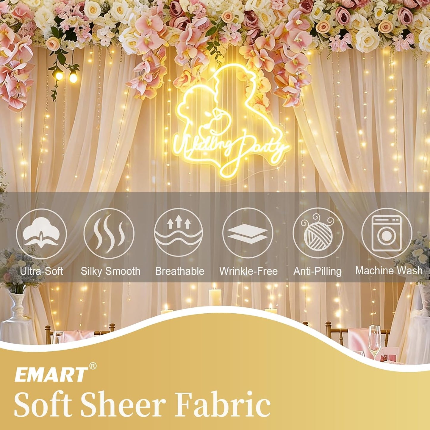 EMART 10x10ft Champagne Tulle Backdrop Curtains with Lights String,Sheer Backdrop Curtains for Wedding, Baby