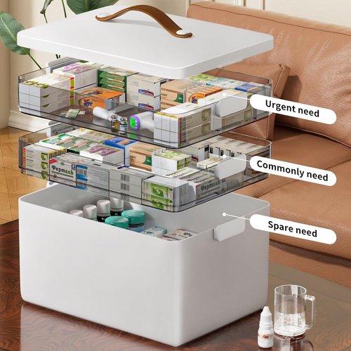 CTIME 3-Tier Medicine Organizer - Portable Cabinet with Leather Handle | Empty First Aid Kit for Home