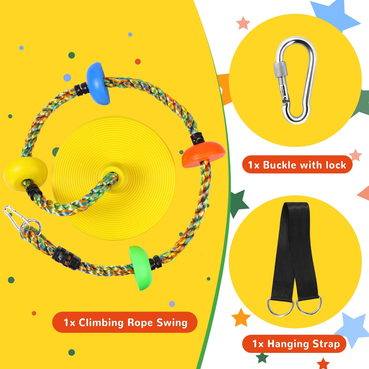 Tree Swing for Kids,Heavy Duty Single Disc Seat Climbing Rope Set with Hanging Strap and Platform Carabiners for Backyard Treehouse and Outdoor Playground Accessories(Yellow)