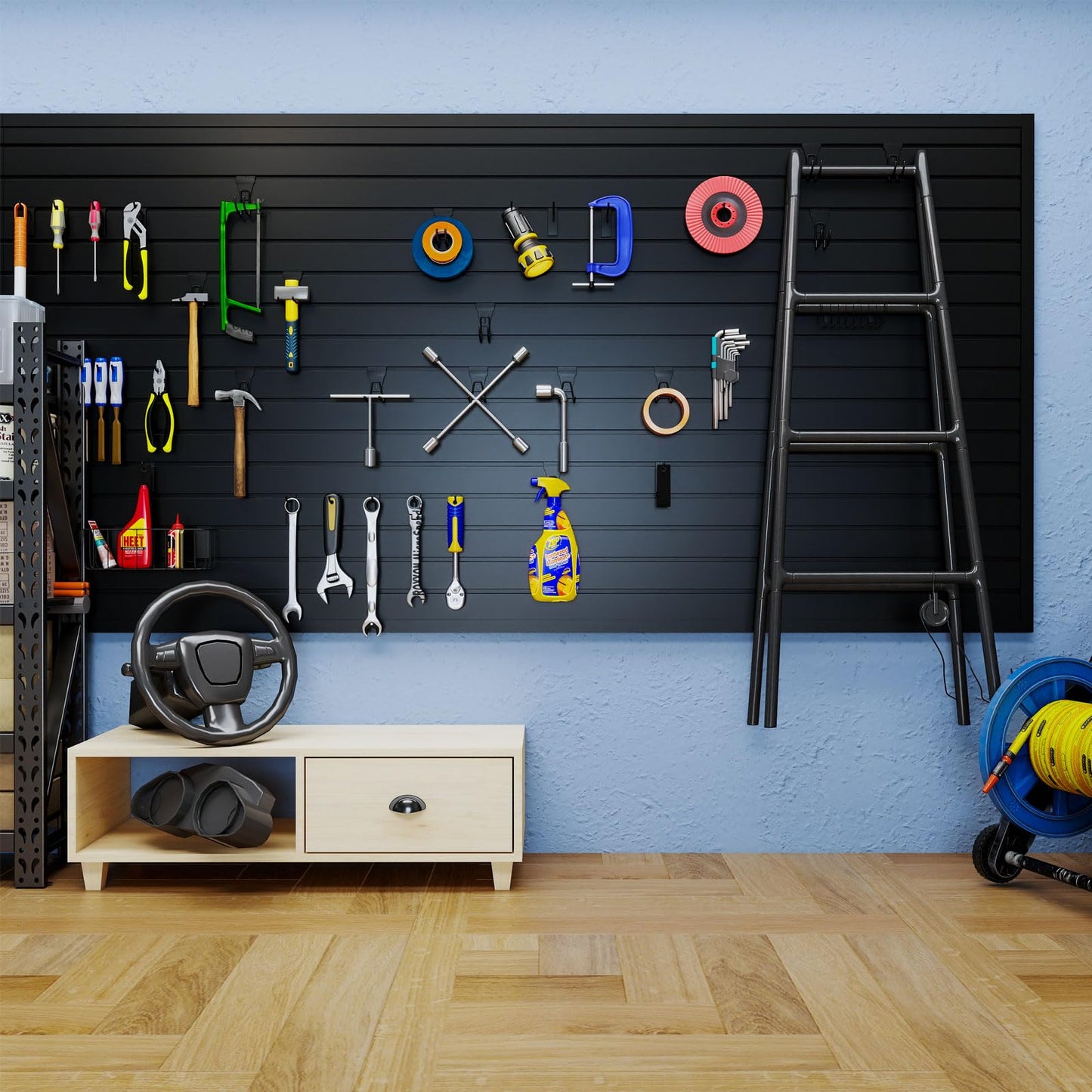 4'x8' PVC Slat Wall Paneling, High Load Capacity Slatwall Panel, Cuttable & Moisture-Proof & Flame Retardant, Heavy Duty Black Garage Slatwall Panes Storage Systems for Garage Workshop Storage