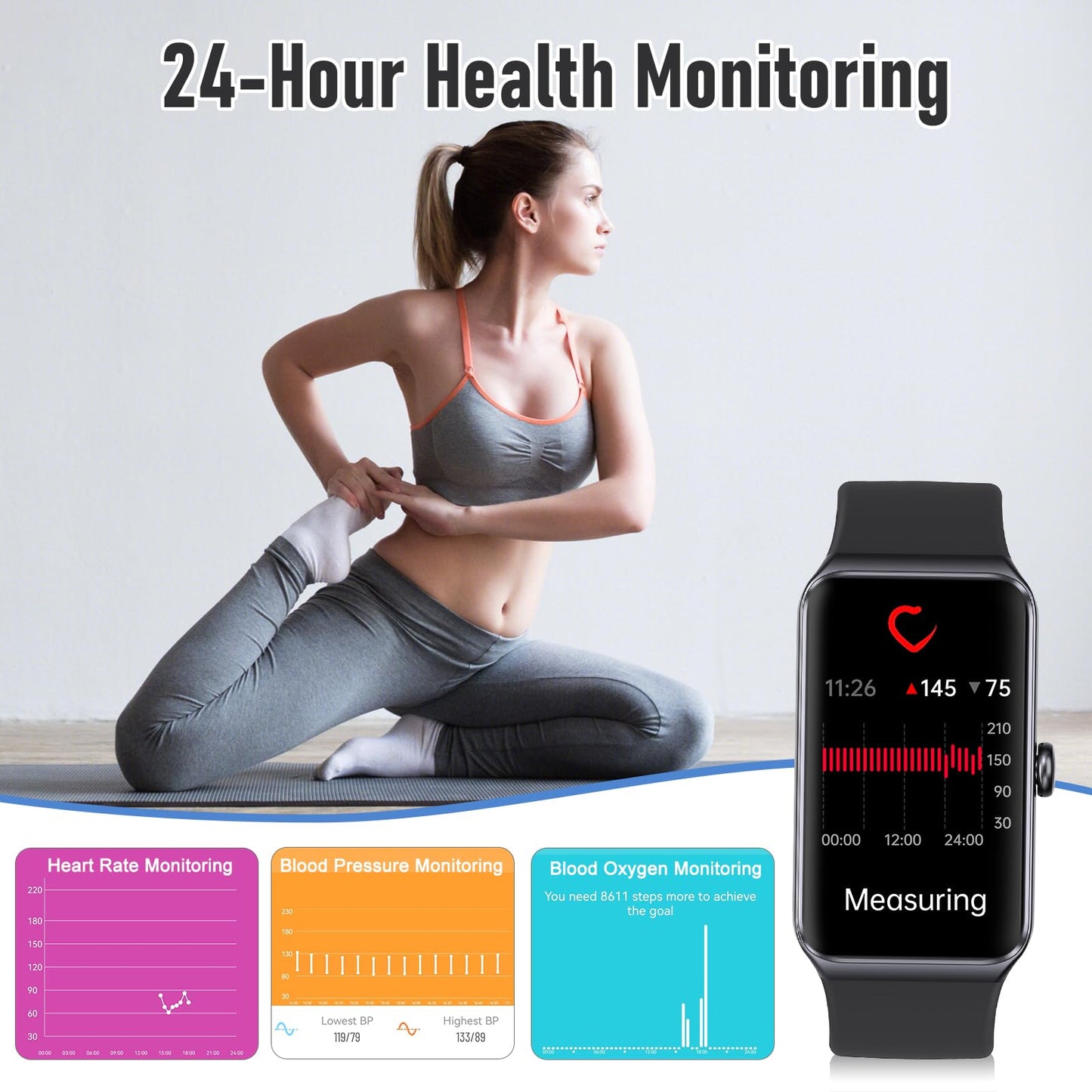 Fitness Tracker with 24/7 Heart Rate,Blood Pressure Sleep Tracking,104 Sports Modes Calories Smart Watch,IP68 Waterproof Step Counter Activity Trackers Pedometer for Android&iPhone Women Men (Bla