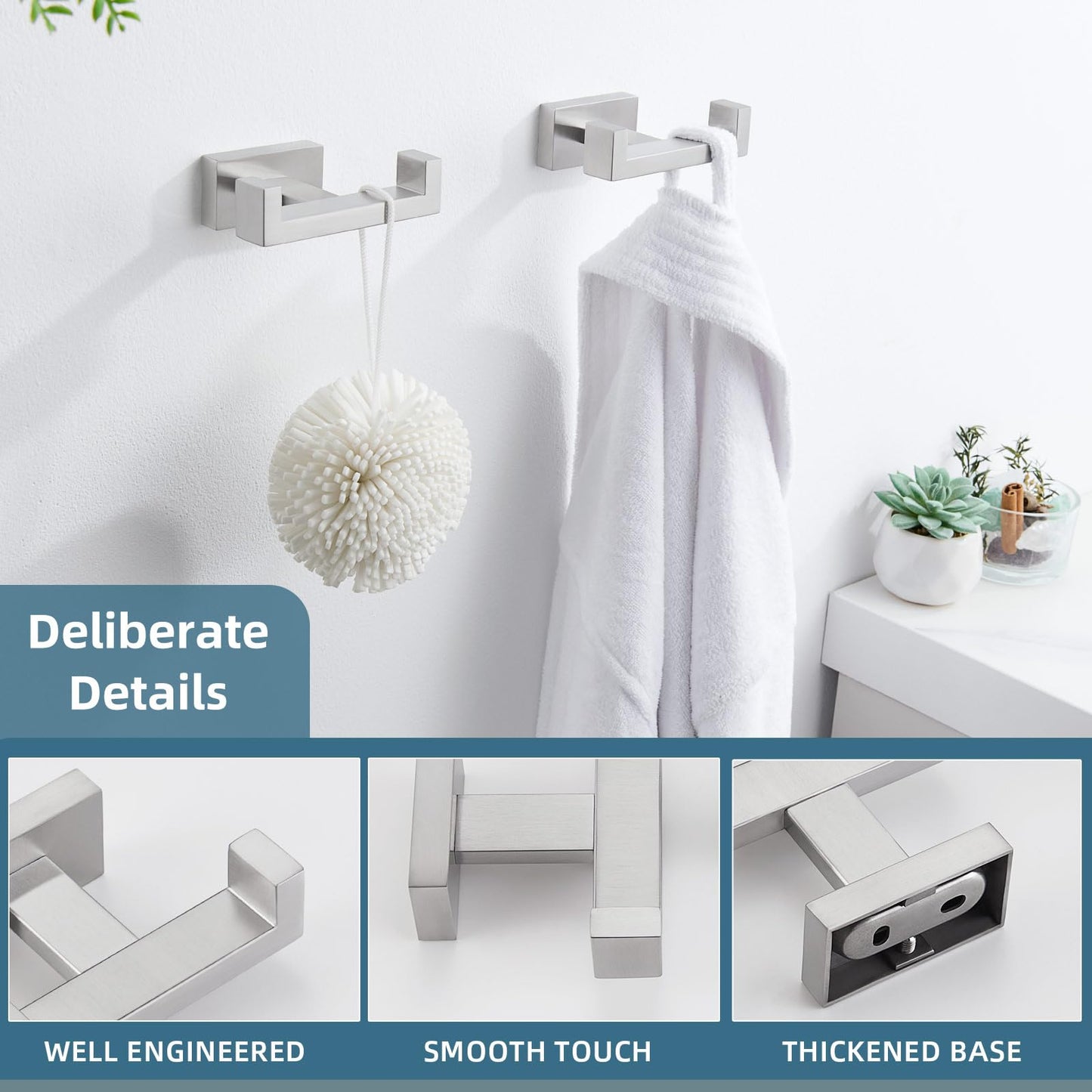 Angle Simple Bathroom Double Hook 2 PCS, SUS304 Stainless Steel Hand Towel Holder, Bath Towel Hanger, Modern Robe Hook for Wall, Brushed Nickel