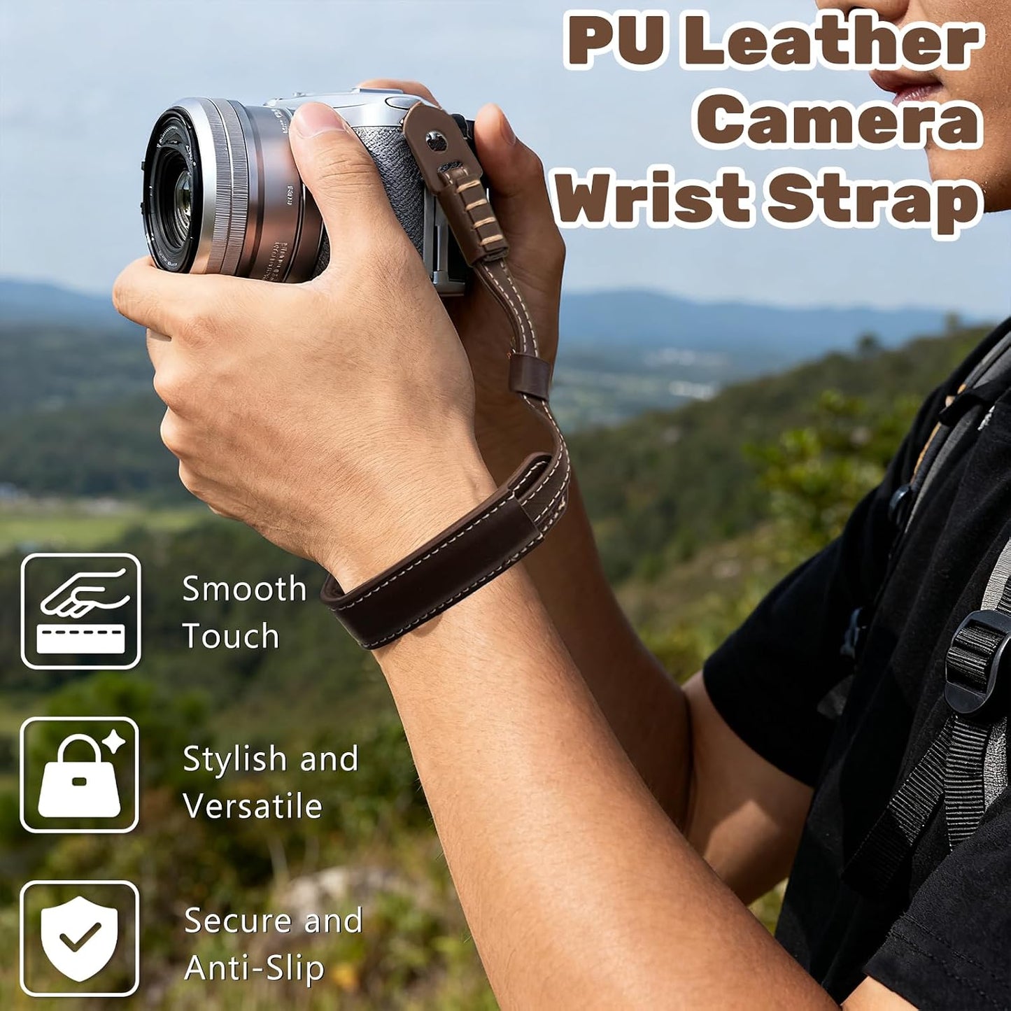 Brvlsoc Vintage Brown Leather Camera Wrist Strap Adjustable Safety Hand Strap for DSLR, SLR, and Mirrorless Cameras