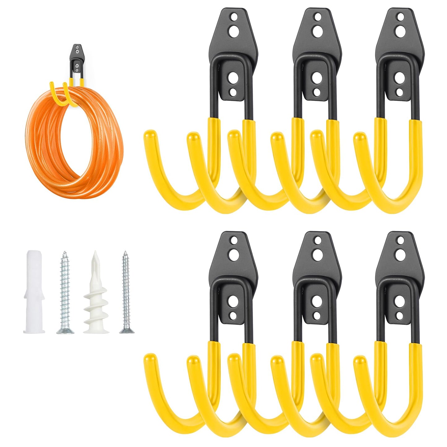 Pruite Garage Hose Hooks Wall Mount, 6 Pack Heavy Duty Storage Hooks for Garden Tools, Wall Hooks for Water Hoses, Brooms, Ladders, Garage Storage, Yellow