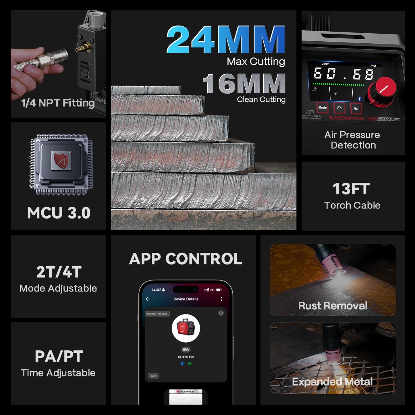 ARCCAPTAIN iControl CUT60 Pro Plasma Cutter, [APP Control] 60Amp Pilot Arc 120/240V Plasma Cutter Machine, Cuts 15/16" Max, Supports Rust Removal & Expanded Metal, LED Display, 2T/4T, PA/PT, MCU 3.0