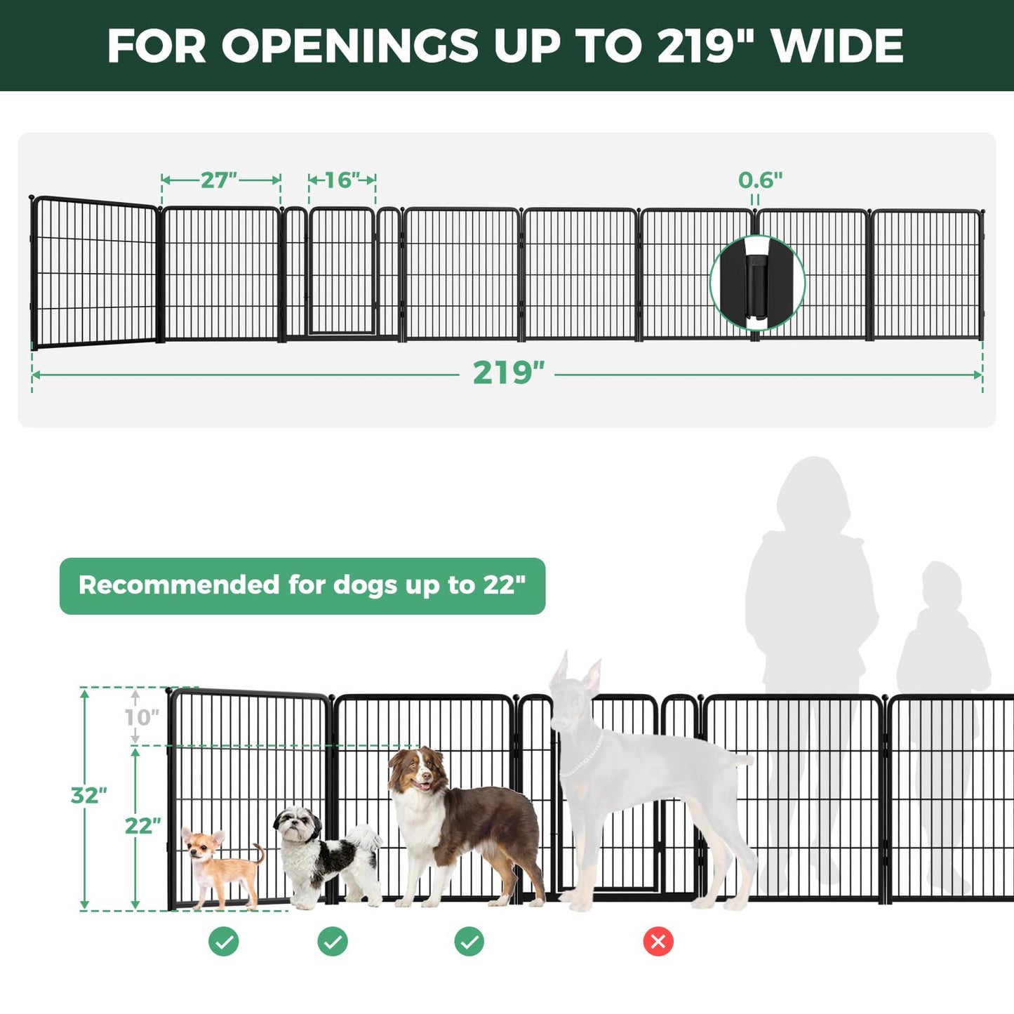 FXW Dog Gate Extra Wide Designed for Indoor Use, Adjustable Width Up to 219-inch Wide (32" H 8 Wire Panels for Small and Medium Dogs), Black