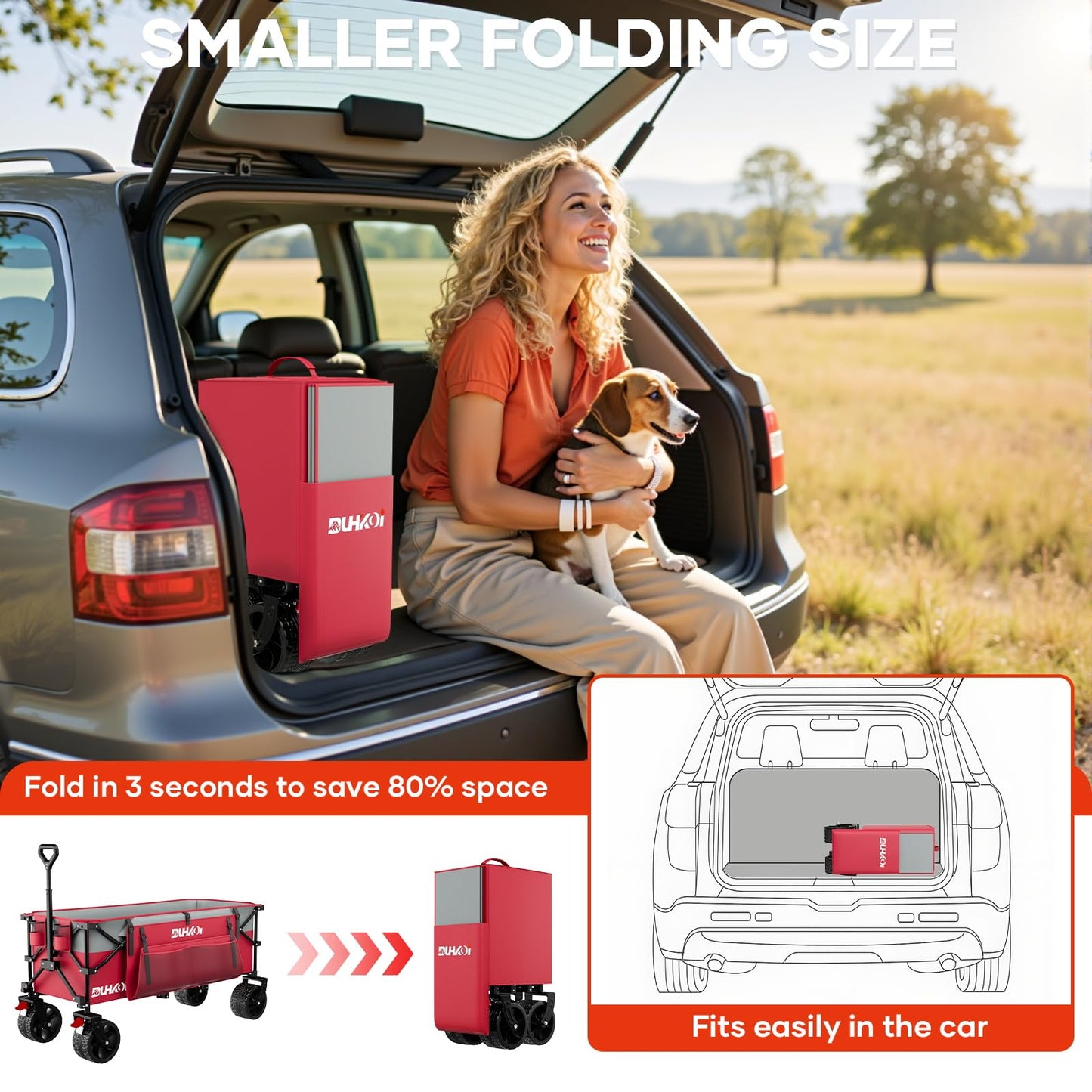 49" L Collapsible Extended Wagon with 500lbs Weight Capacity,300L Heavy Duty Sports Wagon,Big All-Terrian Wheels with Cup Holders,Cart for Sports,Grocery,Shopping,(Rosepink)