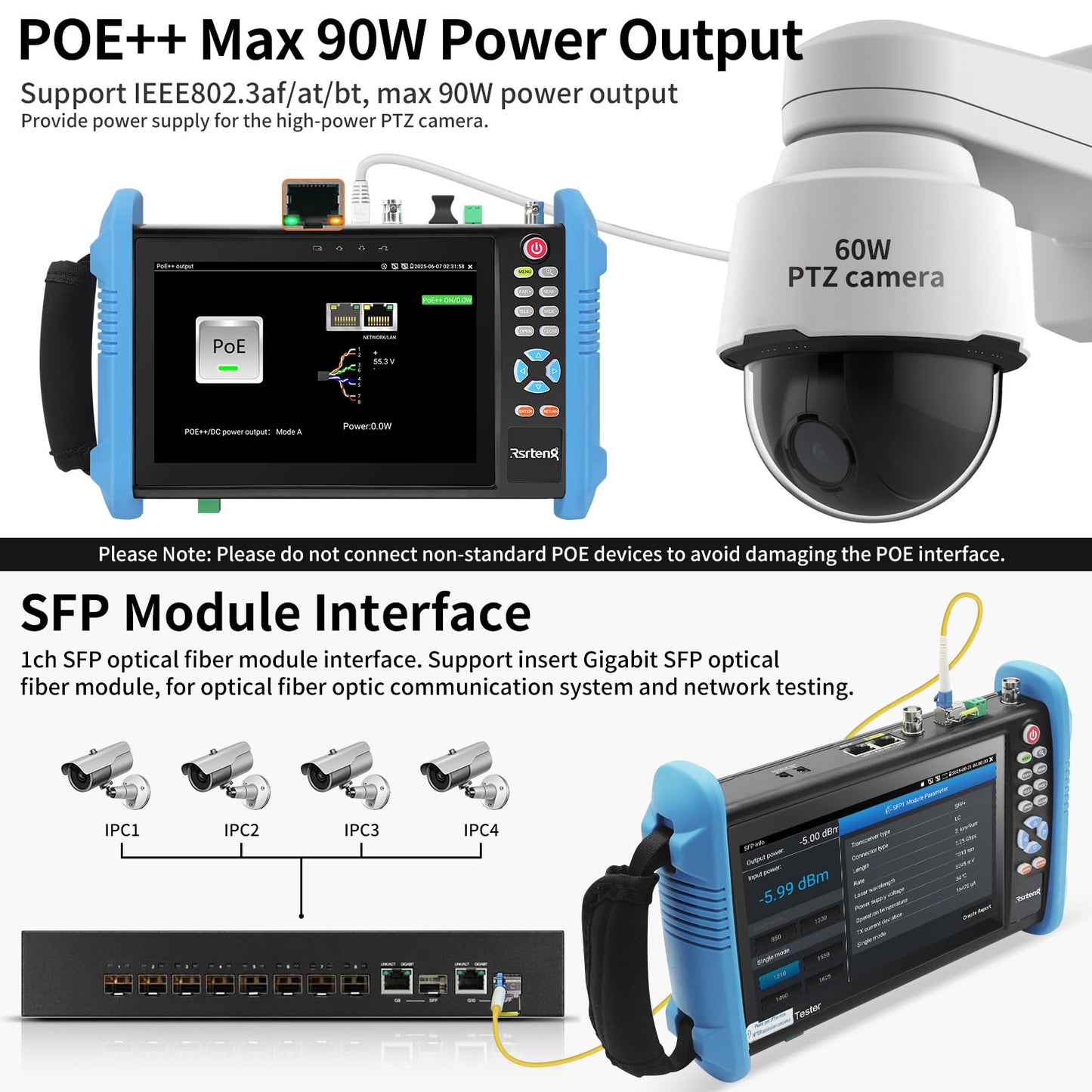 Rsrteng CCTV Camera Tester, 8K 32MP 4K 12MP IP Camera Tester with POE++, CVBS Camera Tester, 1CH SFP Interface 7" IPS Touch Screen Cable Tester Network Tool Support HDMI IPC Tester IPC-9800Pro