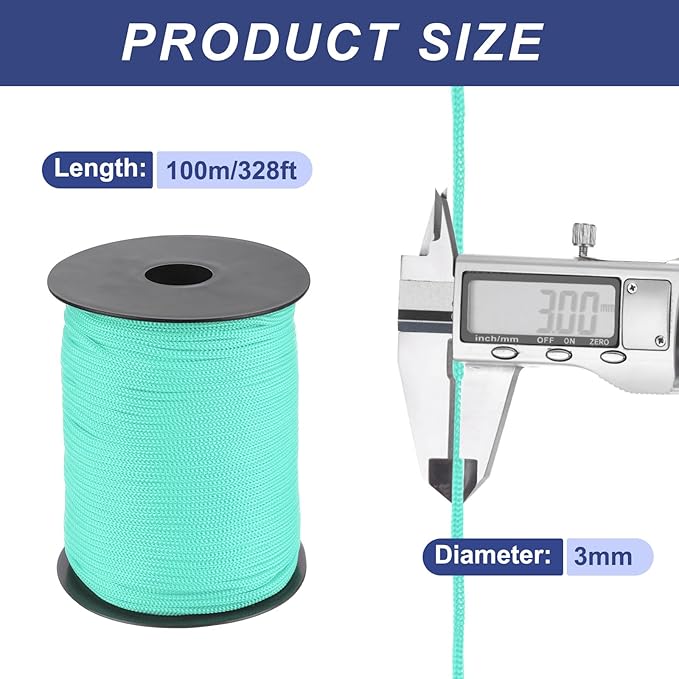 MECCANIXITY 1/8 Inch Polypropylene Rope Braided Ropes, 328ft Nylon Rope Hollow Utility Cord for Clothesline, Camping, Hiking, Outdoor, Light Blue
