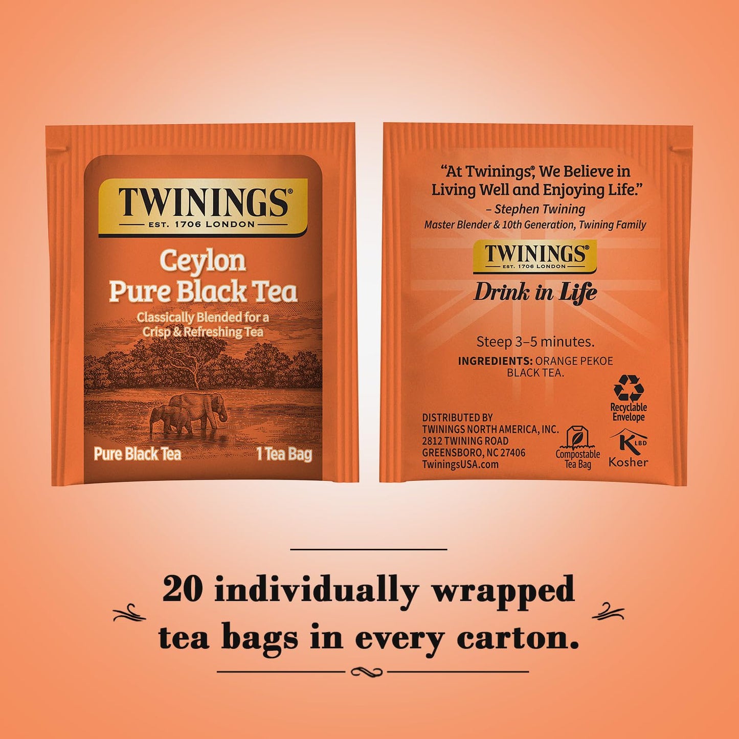 Twinings of London Ceylon Orange Pekoe Tea - Premium Quality | Box of 20 Tea Bags