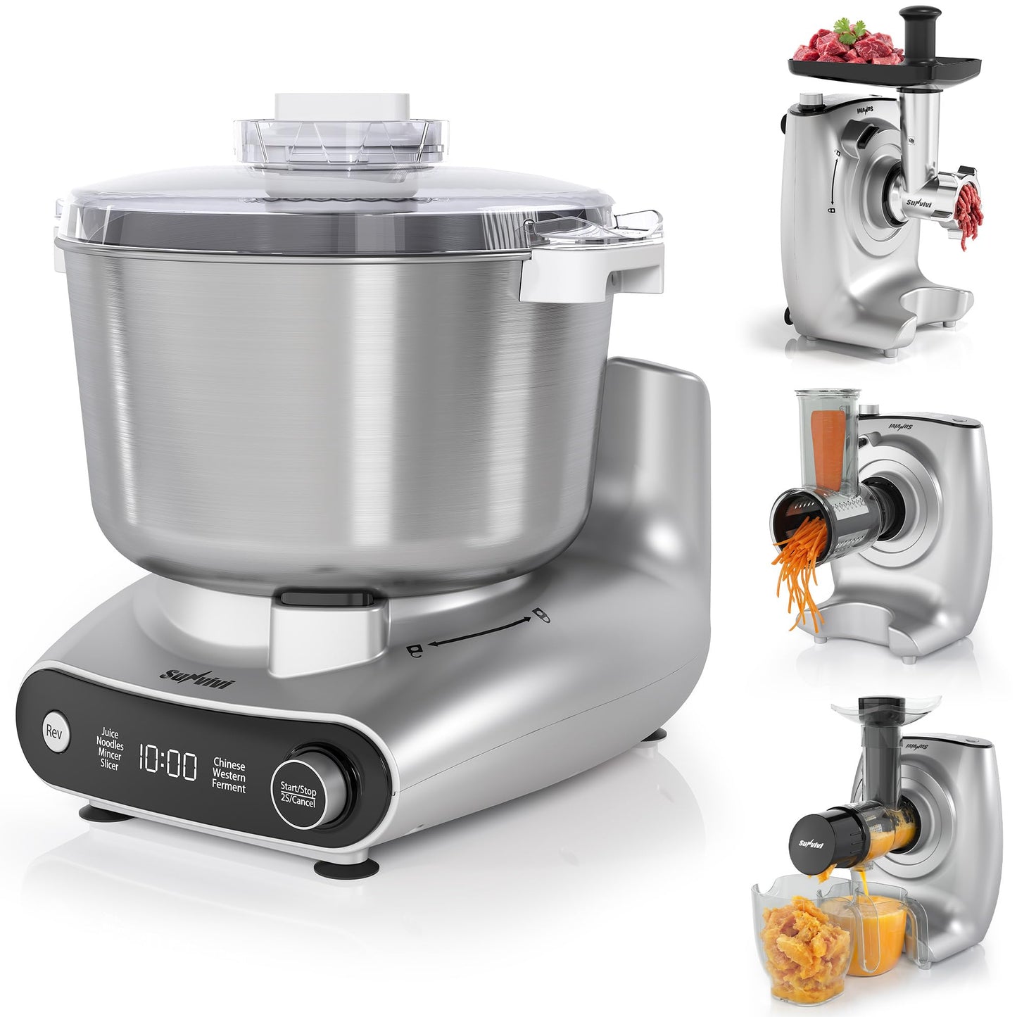 SUNVIVIPRO 5.3QT Electric Dough Mixer, 4-in-1 Multifunction Stand Mixer with Fermentation & LED Display & Knob Control, Slow Juicer, Meat Grinder, Salad Maker for Kitchen