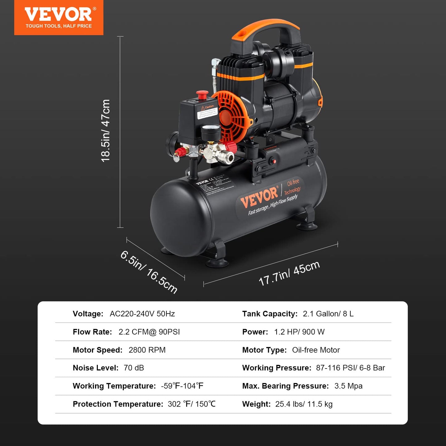 VEVOR 2.1 Gallon Air Compressor, 1.2HP 2.2 CFM@90PSI Air Compressors with Max. 116PSI Pressure, Oil Free Compressor Tank for Auto Repair, Tire Inflation, Spray Painting, Woodwork Nailing
