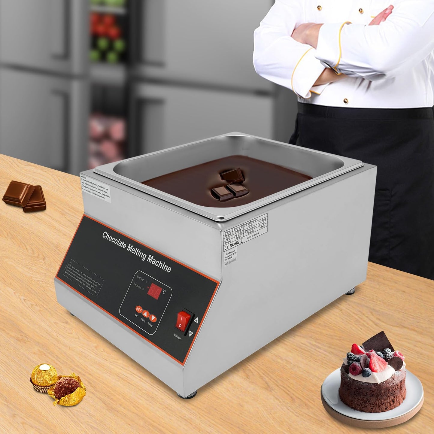 Bokknppo Chocolate Tempering Machine 32-203°F Commercial Chocolate Melting Pot 26.46 lbs Stainless Steel Food Warmer Air-heating Chocolate Fondue with Lid for Restaurant Home Party (Single Pot)