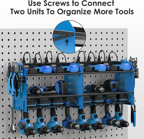 CCCEI Modular Power Tool Organizer - Wall Mount Charging Station with Hooks & 8 Outlet Battery Holder - Blue, 1 Pack