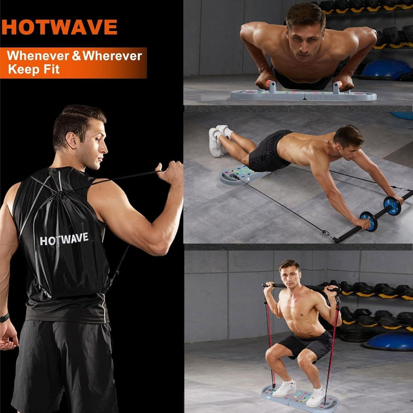 HOTWAVE Portable Exercise Equipment with 16 Gym Accessories,20 in 1 Push Up Board Fitness,Resistance Bands with Ab Roller Wheel,Full Body Workout at Home