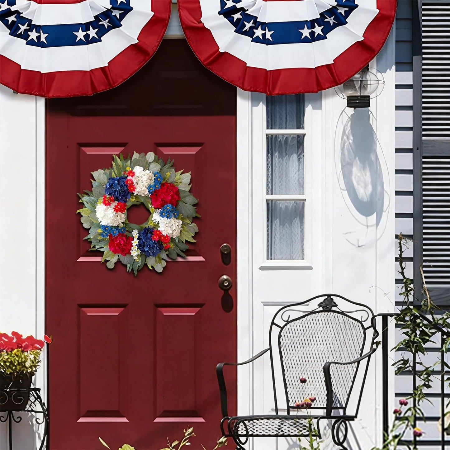 WANNA-CUL Patriotic 24-Inch Hydrangea Wreath - Red, White & Blue 4th of July Decor for Indoors & Outdoors