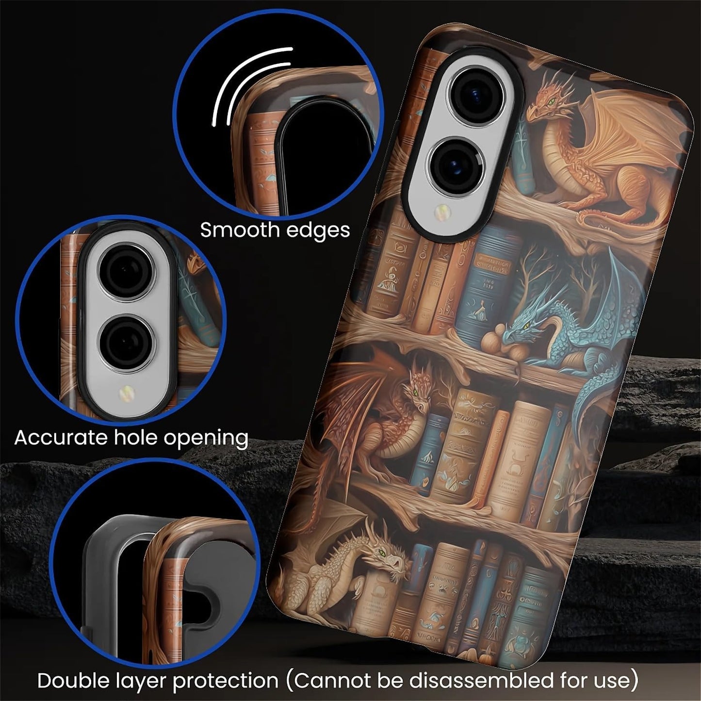 CARLOCA S25 Case for Samsung Galaxy Edge,Bookish Dragon Bookshelf Design- Hybrid Dual Protection Soft TPU + Hard PC