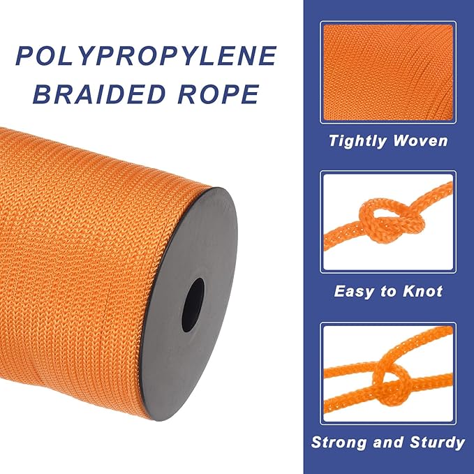 MECCANIXITY 5/32 Inch Polypropylene Rope Braided Ropes, 328ft Camping Rope Hollow Utility Cord for Clothesline, Hiking, Outdoor, Light Orange