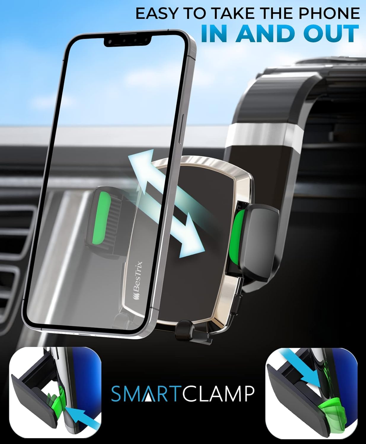 Bestrix 13 12 11 S20 20 SmartClamp Car Phone Mount | Dashboard Cell Phone Car Phone Holder Compatible with iPhone Pro