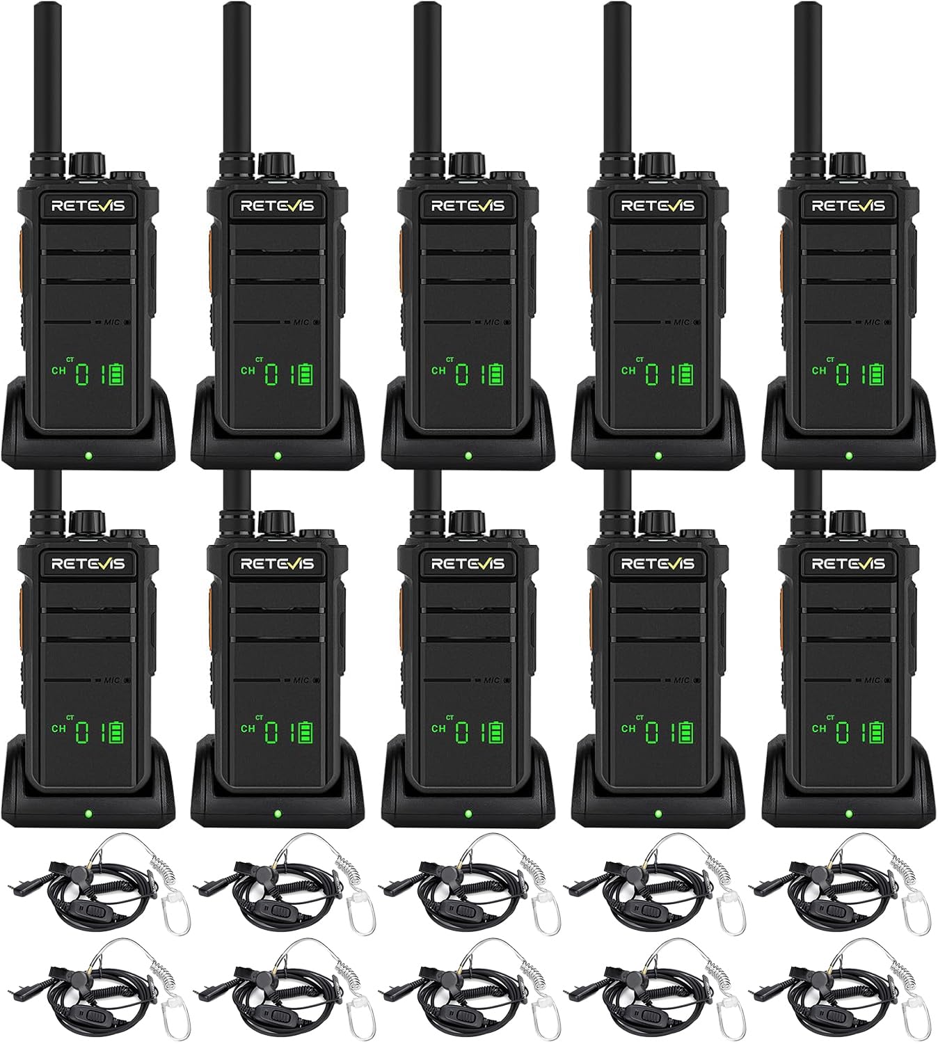 Retevis RB26H 2 Way Radio Long Range,Commercial Walkie Talkies with Earpieces,2000mAh 21-Hrs,USB-C,Flashlight,NOAA,GMRS Repeater Capable,Two-Way Business Radios for Healthcare Retail Security(10-Pack)