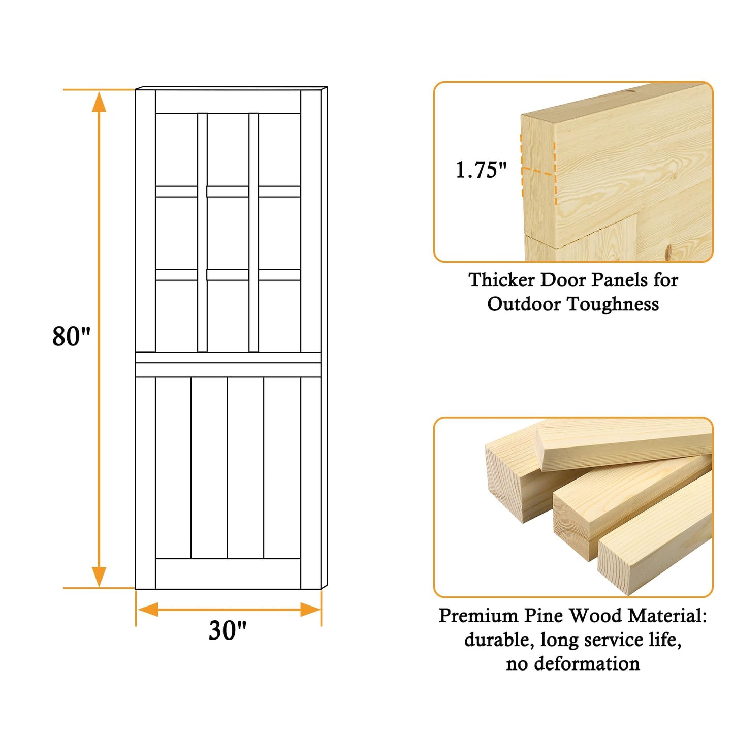 30" x 80" Dutch Door Slab with 9 Lite Tempered Clear Glass, 1.75" Solid Pine Front Entry Interior Door, Ideal for Porch, Backyard, and Exterior Use