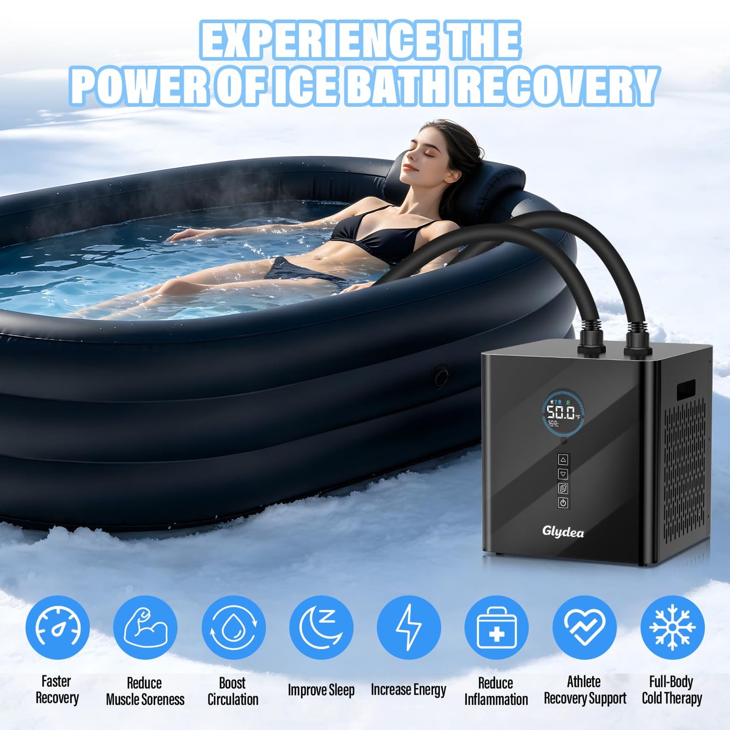 Ice Bath Chiller for Cold Plunge Tubs, 1/3HP 330W Glydea Cold Plunge Water Chiller with Built-in Ozone Function, 24/7 Water Flow, Dual Filtration, Upgraded Hose and Pump, Large LED Color Display