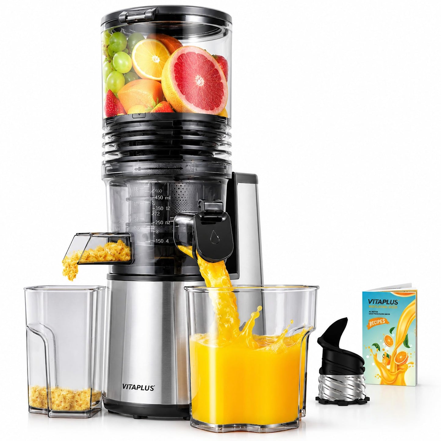 VITAPLUS Stainless Steel Auger Cold Press Juicer, AC Motor Slow Masticating Juicer, Plastic-Free Extractor for Whole Fruits & Vegetables, 5.8" Wide Chute, BPA-Free, Easy to Clean, FDA21 CFR Tested