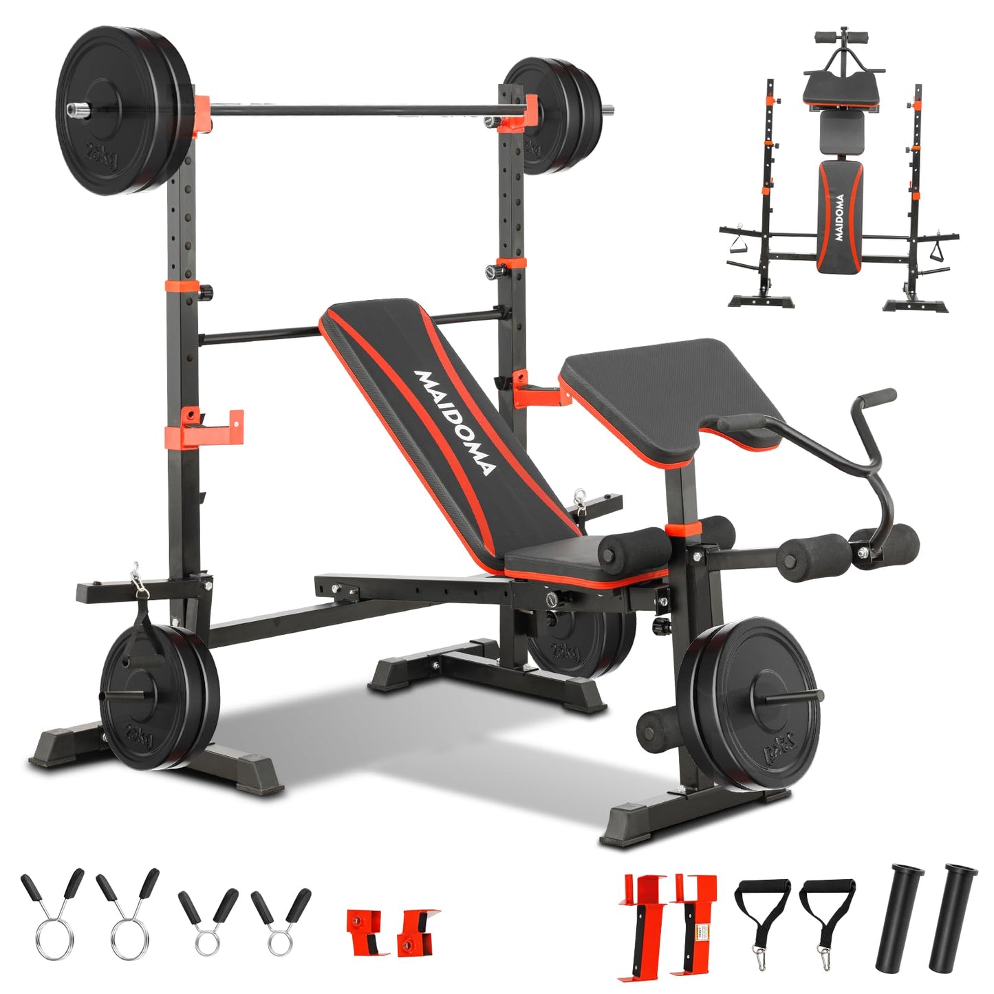 MAIDOMA Weight Bench Set with Leg Extension and Leg Curl, Adjustable Bench Press Set with Squat Rack, Foldable Flat Incline Decline Workout Bench for Home Gym Full Body(US Stock) (Red)