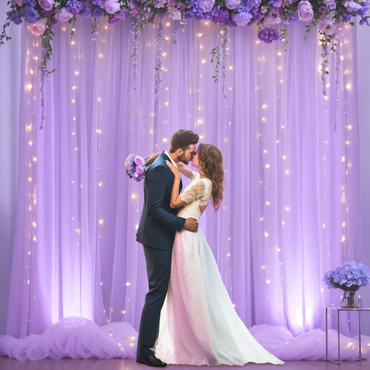 Suppromo 208ft Decorations(4 58ft) Lavender Tulle Backdrop Curtain with Lights String for Wedding Baby Shower Lavender