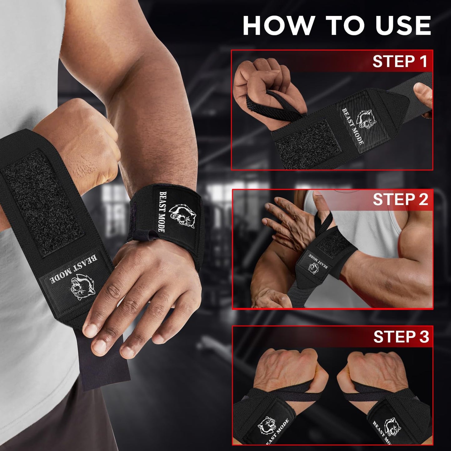 TECEUM Fit Weightlifting Wrist Wraps with Thumb Loop – Black – Beast Mode – 18 inch – Heavy-Duty Workout Wrist Support & Protection – Ideal for Powerlifting, Strength Training, Bodybuilding