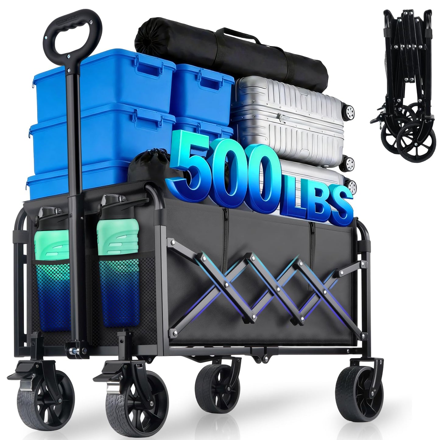 500LBS Collapsible Wagon Cart Foldable - 230L Large Heavy Duty Utility Cart with 360°Swivel Brake Wheels, Lightweight Collapsible Wagon for Groceries Camping & Beach