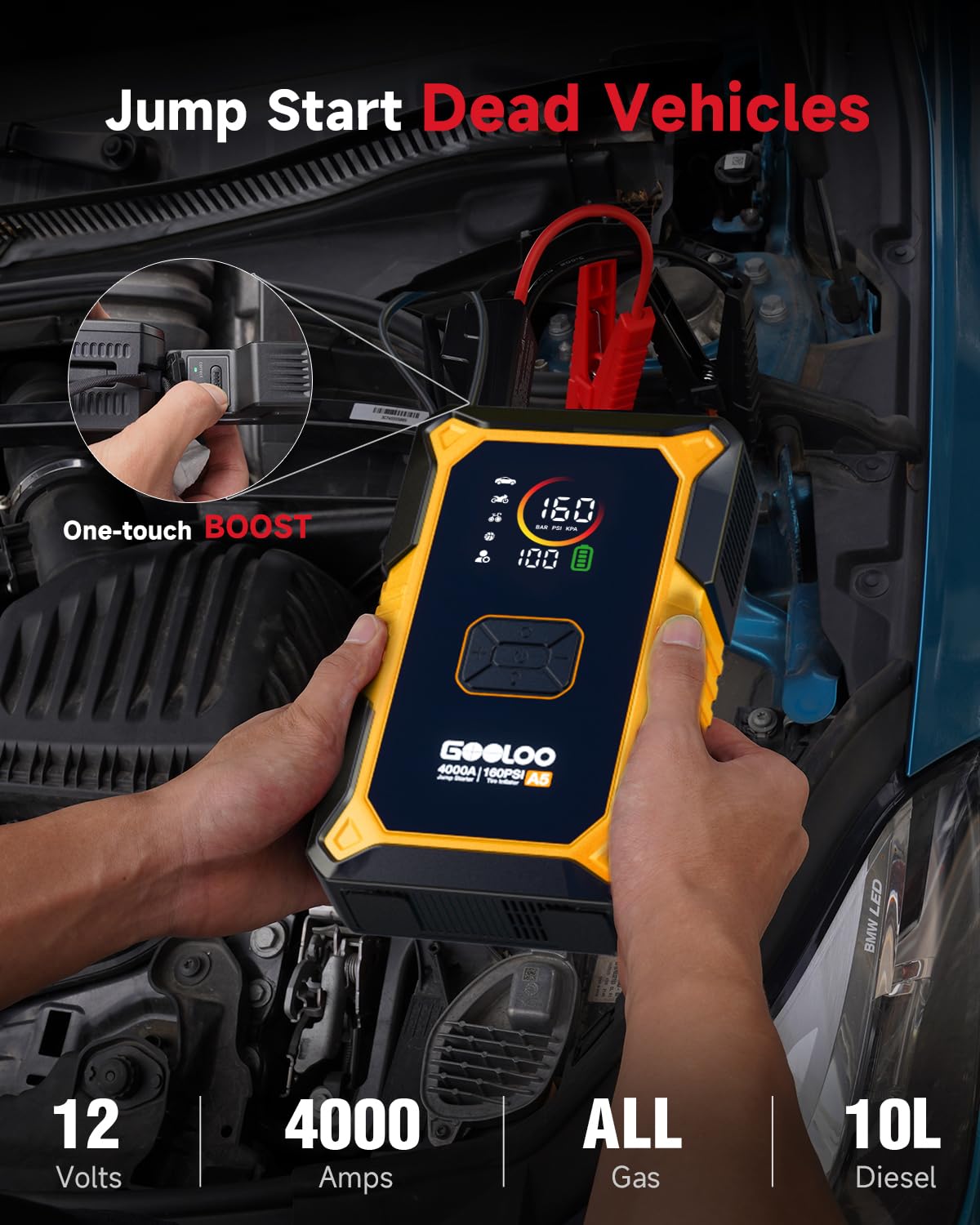 GOOLOO A5 Car Jump Starter with Air Compressor, 4000A Portable Car Jump Starter (All Gas/10.0L Diesel) with 160PSI Auto-Off Tire Inflator, 45W PD Fast Charging,12V Battery Jumper Starter Portable