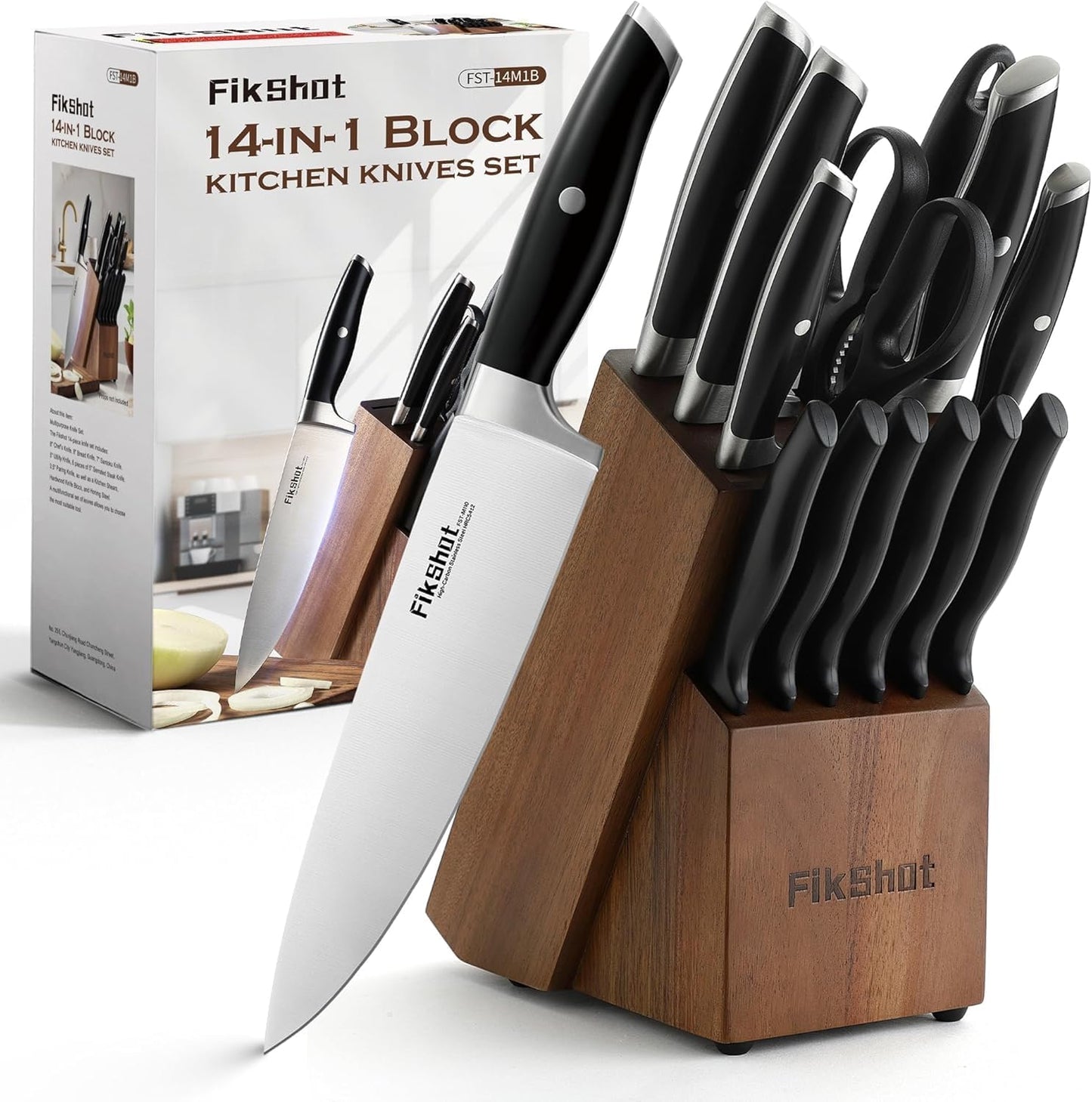 Fikshot Knife Set – German Stainless Steel, Ultra-Sharp, 14-Piece with Knife Block & Sharpener, Full Tang Black Handle, Rust-Resistant, Dishwasher-Safe for Kitchens, Gift for Chefs