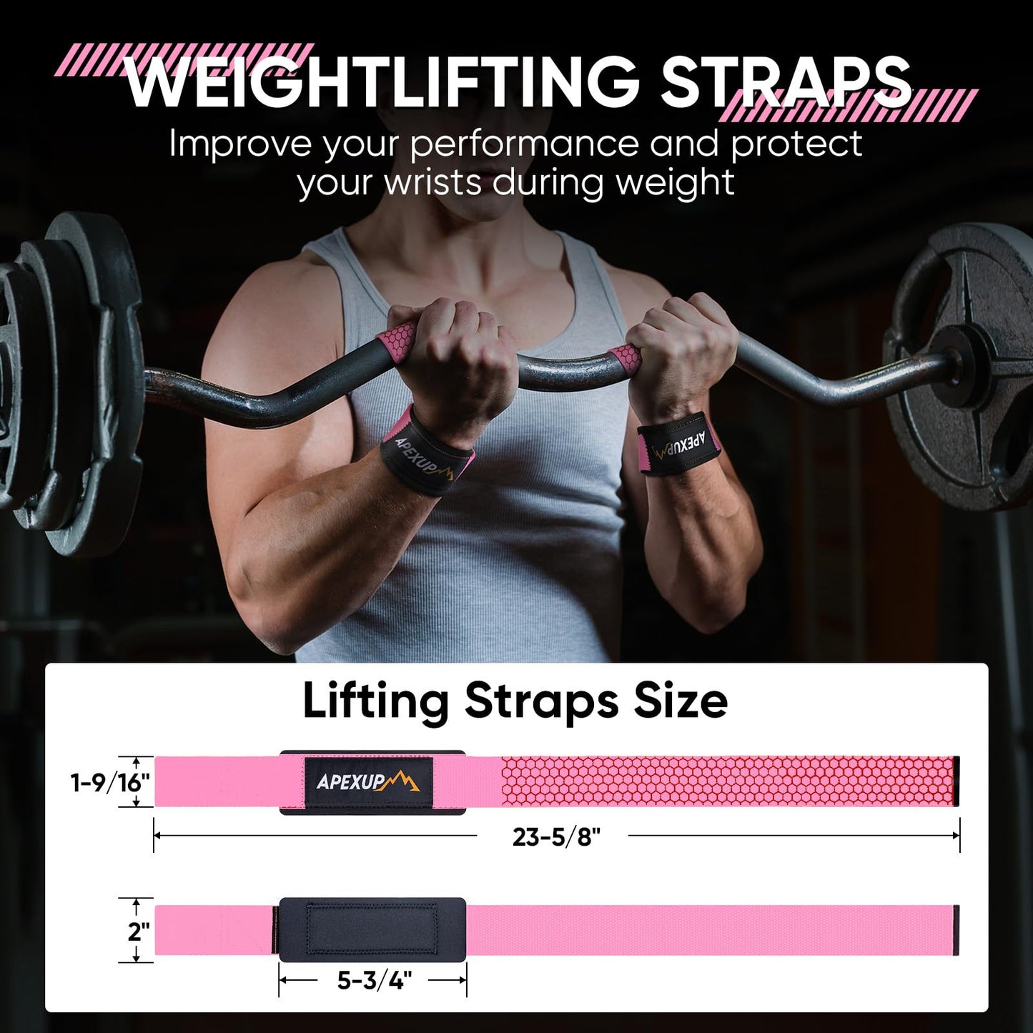 APEXUP Weight Lifting Straps for Weightlifting, Lifting Wrist Straps Gym, Deadlift Strap, Anti Slip Silicone Weightlifting Strap Men Women Powerlifting, Strength Training (Pink, 1 Pair)