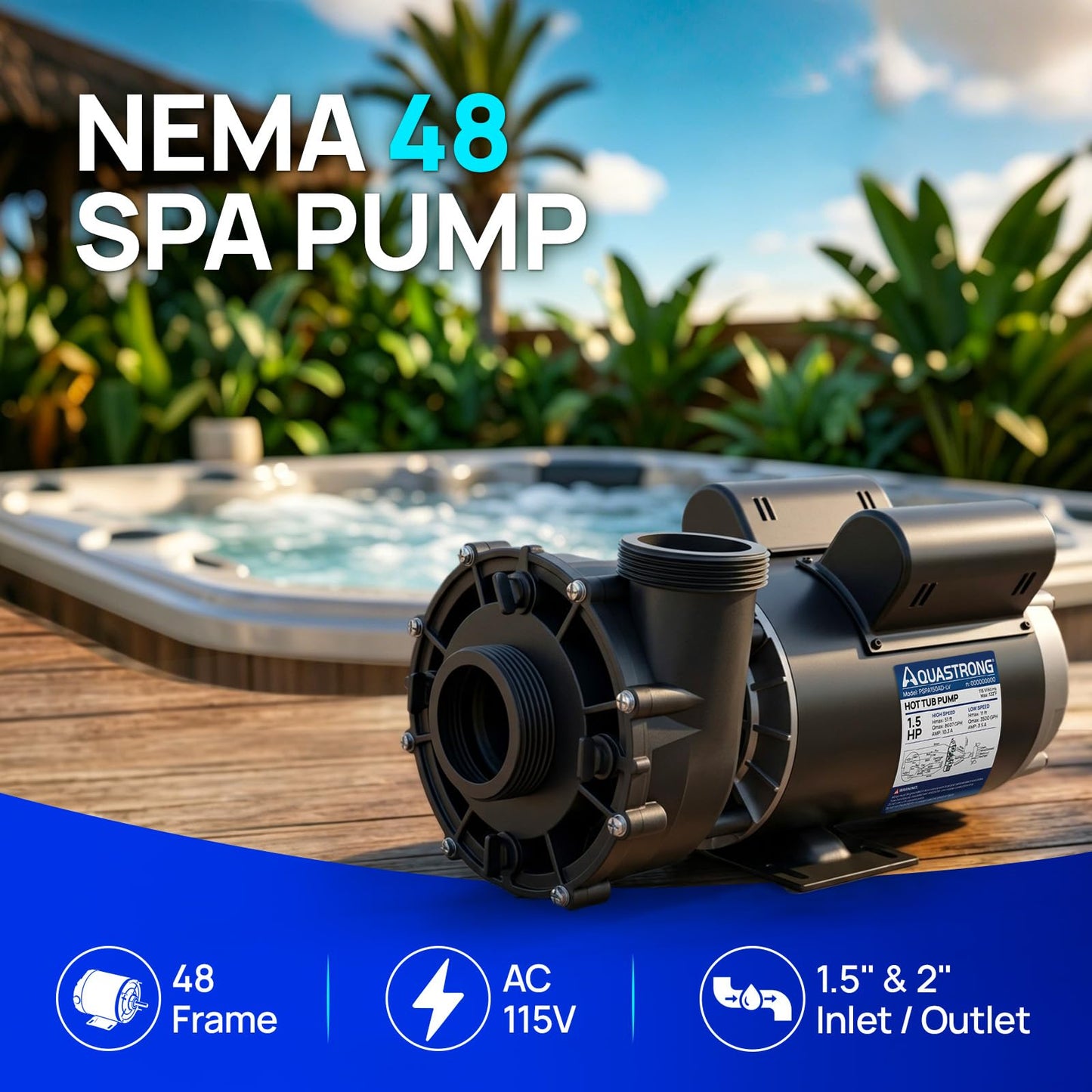 Aquastrong SPA Pump, Dual Speed Hot Tub Pump, Pure Copper Motor, Low Noise, Easy Installation with 1.5" & 2" Adapters, 90° Rotating Inlet & Outlet, Compatible with Hot Tubs & Spa Systems, Light Black