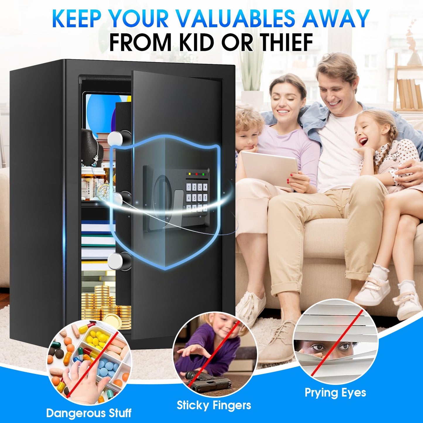 3.3 Cuft Large Fire Proof Safes for Home Use, Personal Fire Safe Box with Electronic Keypad and Spare Key, Removable Shelf, Digital Home Safe Fireproof Waterproof for Cash Documents Valuables