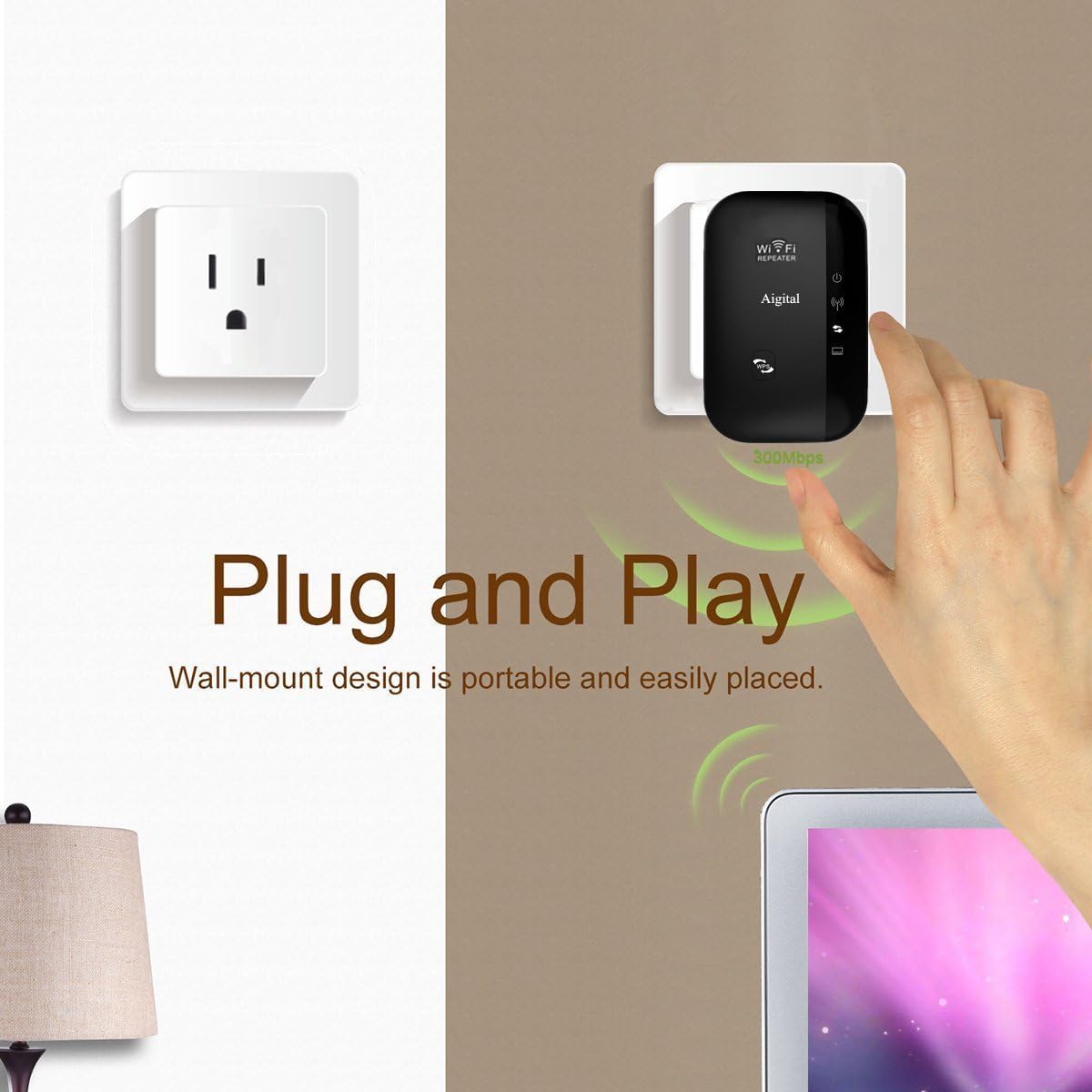 Aigital 300Mbps 2.4GHz Setup WiFi Extender for Home, Wireless Wi-Fi Repeater Super Signal Booster Amplifier