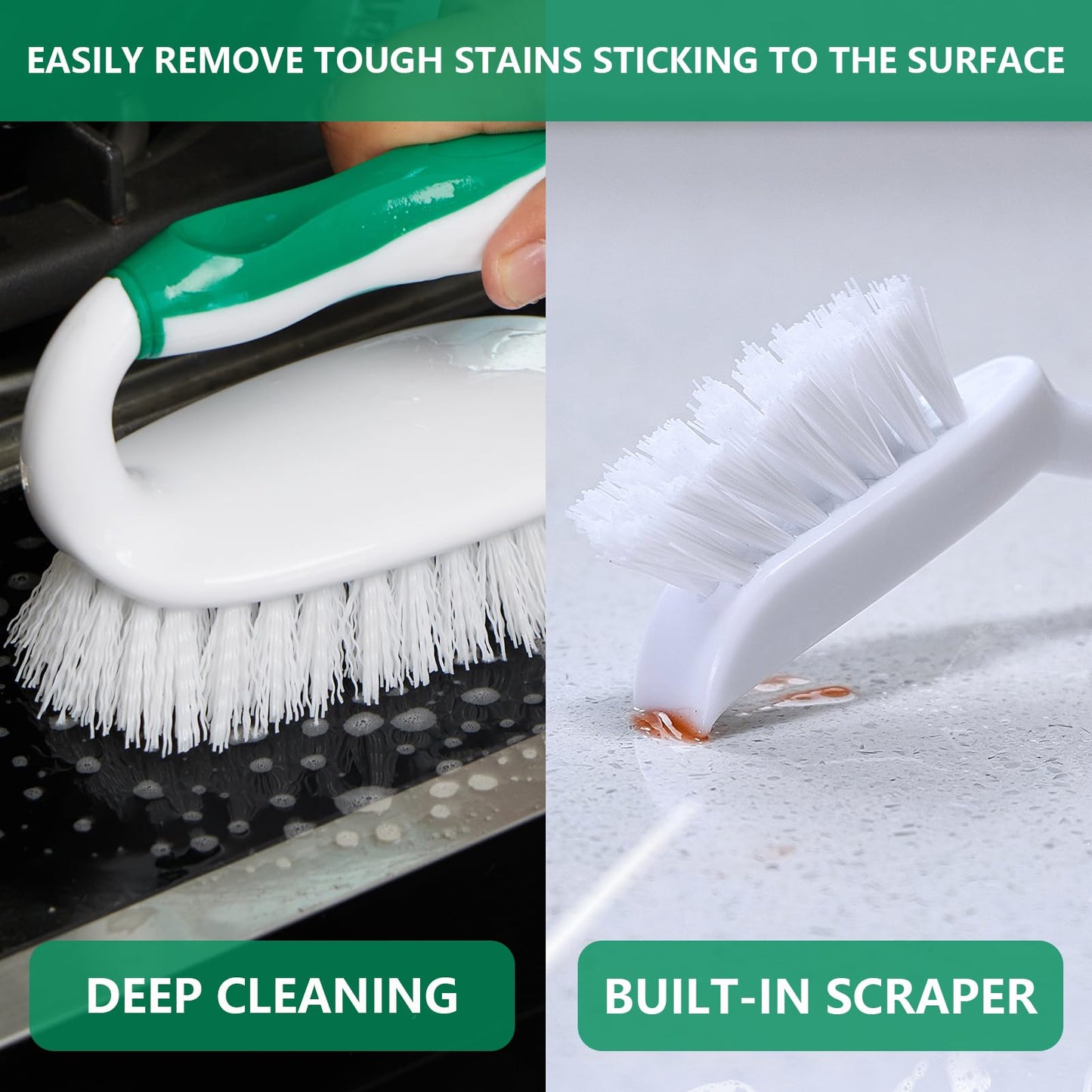 HileSwan Scrub Brush Set, 4 Pack Deep Cleaning Brush Kit - 2 Scrub Brush, 2 Tile & Grout Brush with Built-in Scraper, Household Commercial Scrubber for Floor, Shower, Pool Wall, Tub (Green)