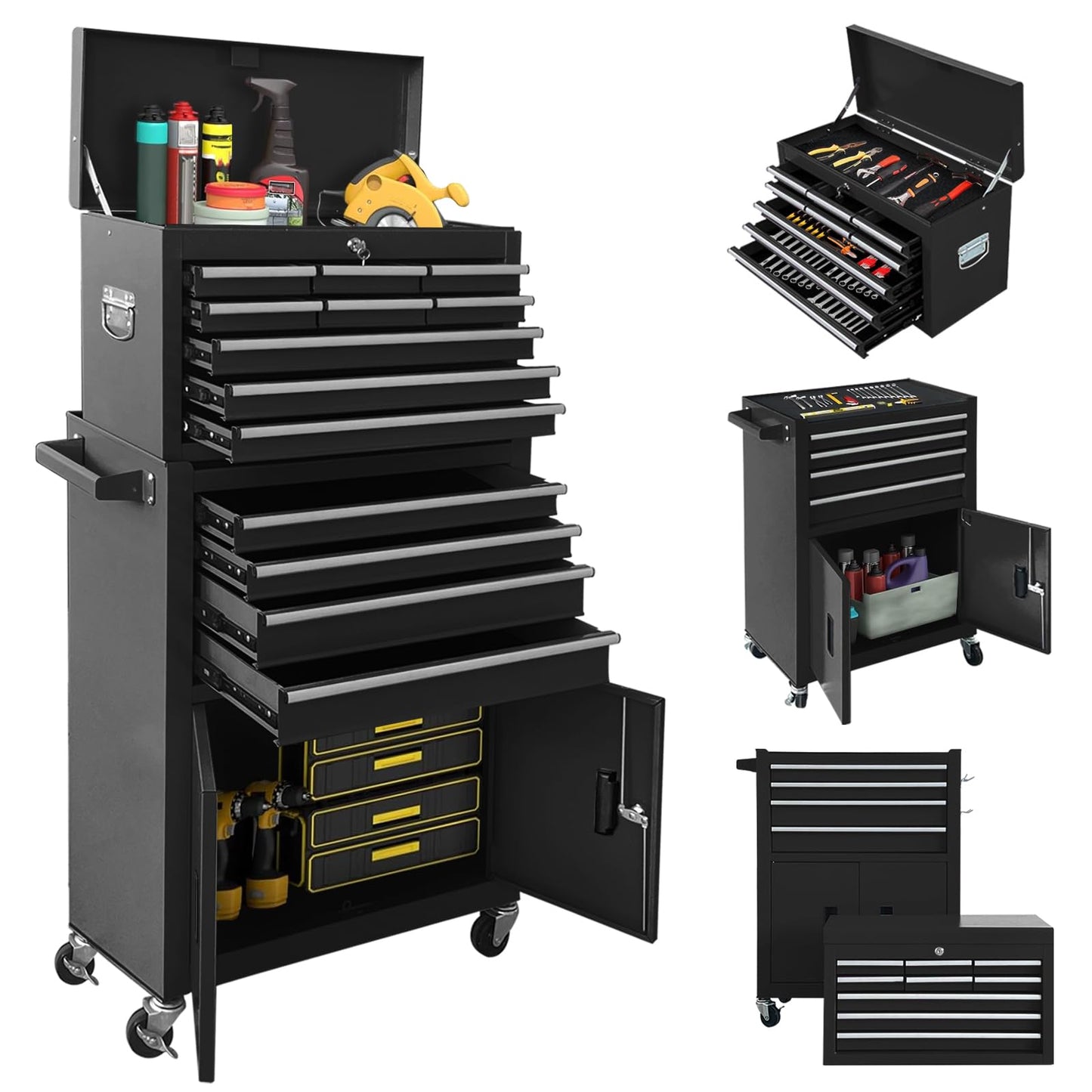 SONLMIK 13-Drawer Rolling Tool Chest with Double Door Handle, 2-in-1 Detachable Metal Storage Cabinet with Wheels and Lock, Large Capacity Tool Box for Garage, Gift for Men Dad Husband Fathers(Black)