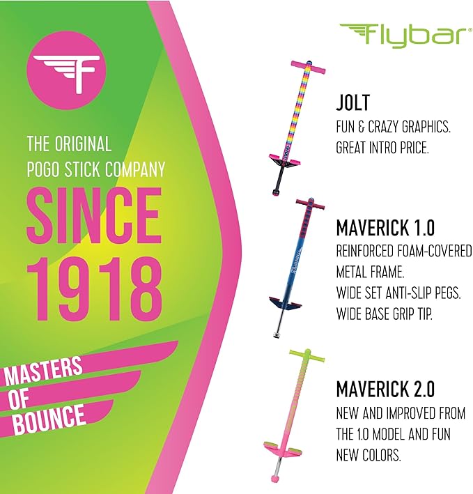 Flybar Maverick 2.0 Foam Pogo Stick for Kids Ages 5 and Up, 40 to 80 Pounds, Outdoor Toys, Boys Girls, Rubber Grip, by The Original Company (Pink/Green) (F-FBPS-MAV7040)