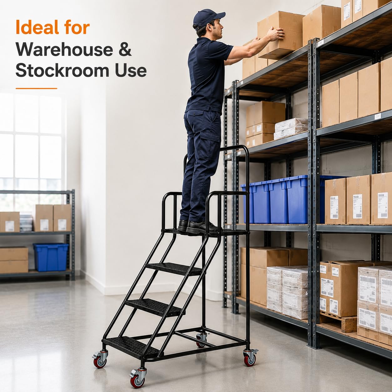 4 Step Rolling Ladder with Handrails, 880 lbs Capacity Heavy Duty Steel Mobile Warehouse Ladder with Locking Wheels, Non-Slip Rolling Stairs with Large Platform for Garage, Stockroom, Library