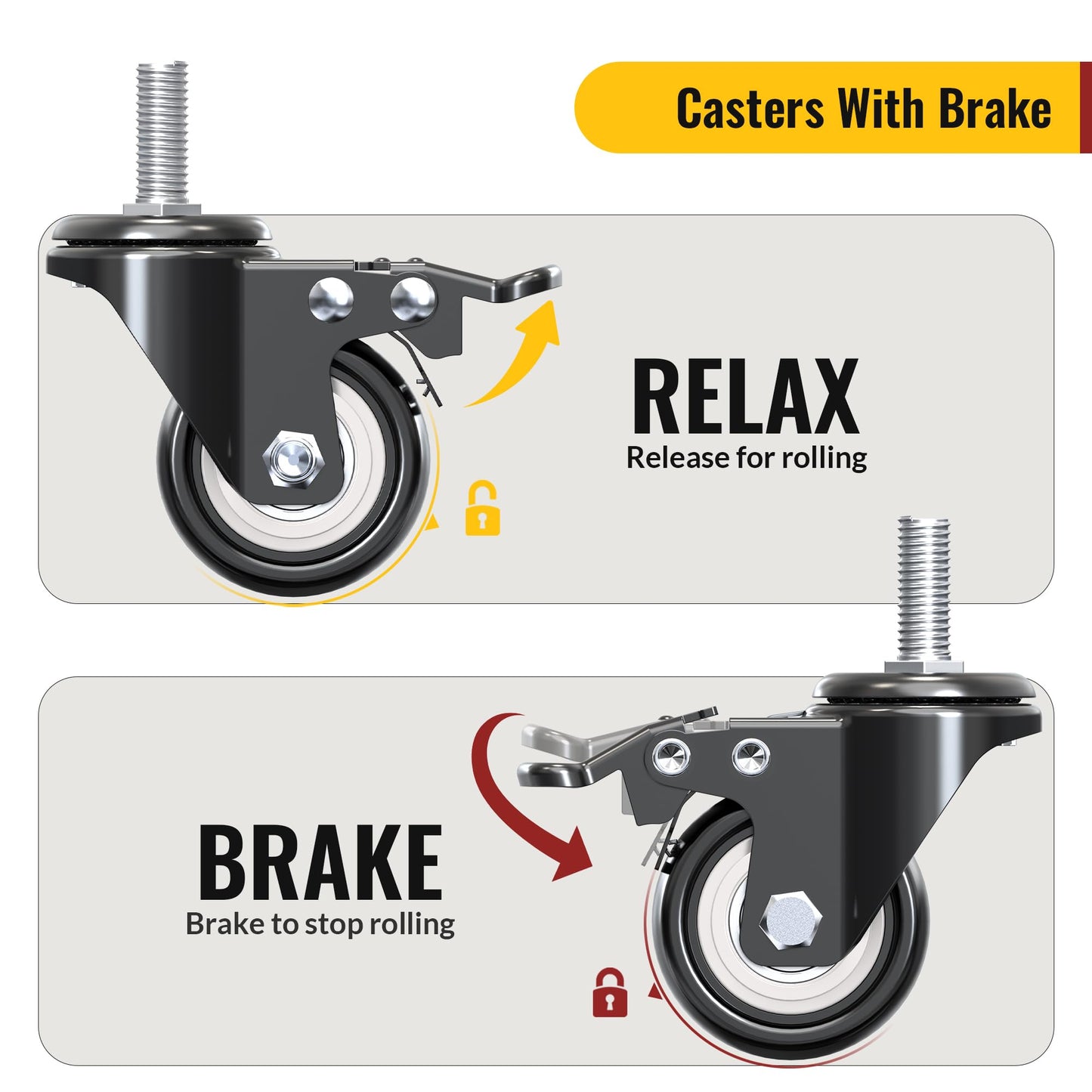 HOLKIE Stem Caster Wheels 2 inch Total Locking Casters Set of 4, Threaded Stem 3/8" -16 x 1 (Diameter 3/8", Length 1") Swivel Heavy Duty Castors Black