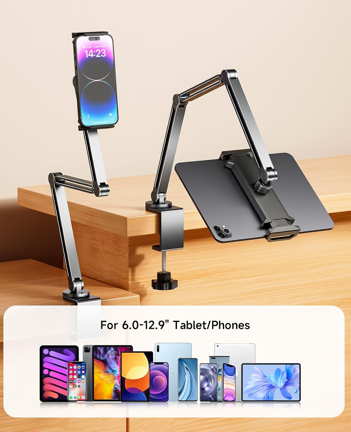YICOSUN 360 Tablet Arm Mount with Super Grip, Adjustable Foldable Holder & Heavy Duty Aluminum Rotating Clamp for iPad
