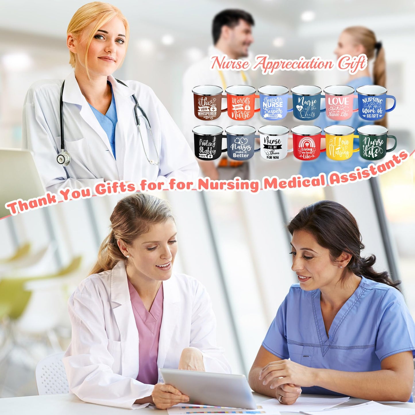 Sieral 12 Pcs Nurse Week Gifts 12 oz Nurses Mug Bulk 2026 Coffee Enamel Cups Set with Handles Motivational Tumbler for Women Doctor Student Graduation School Thank You Presents(Novel)