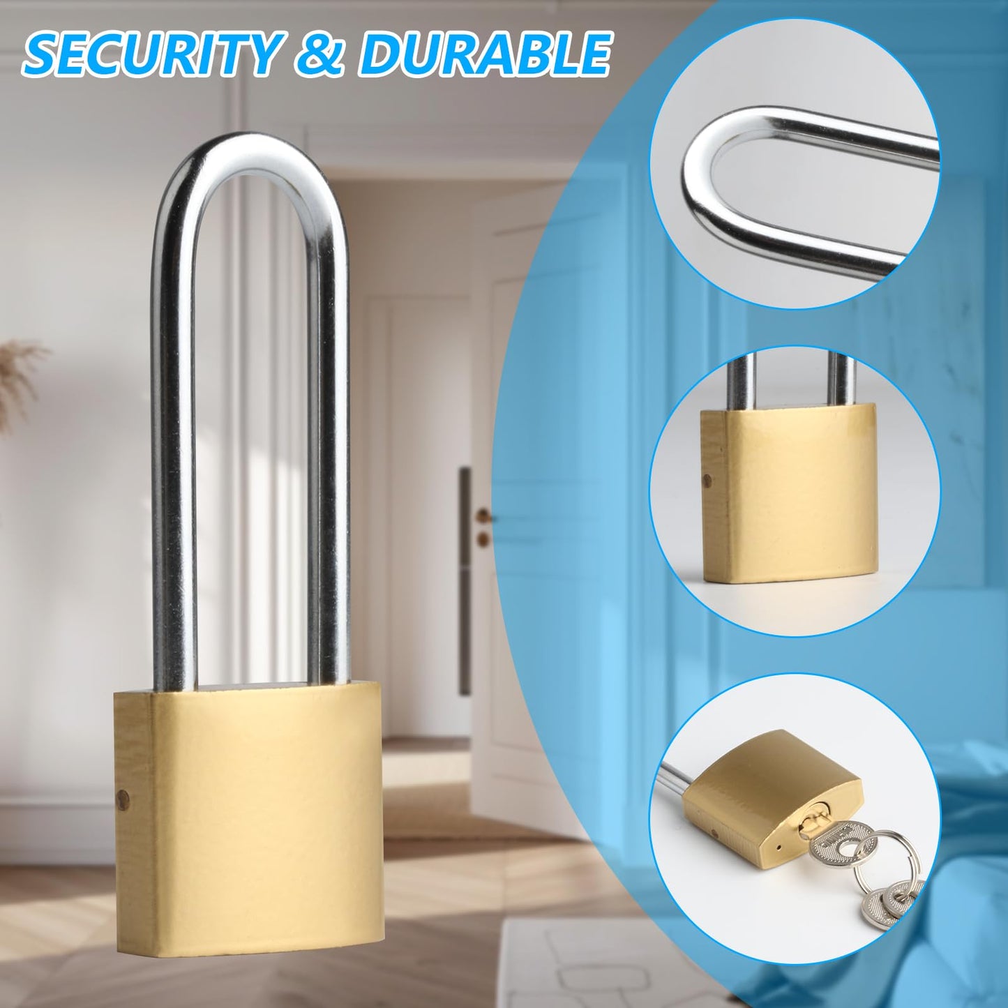 4 PCS Long Keyed Padlock Waterproof Solid Brass Lock, Padlock with Keys, 3.4 Inch Padlocks with Same Key 38mm Heavy-Duty Locks Storage Unit School Gym Locker, Fence, Toolbox, Hasp Storage