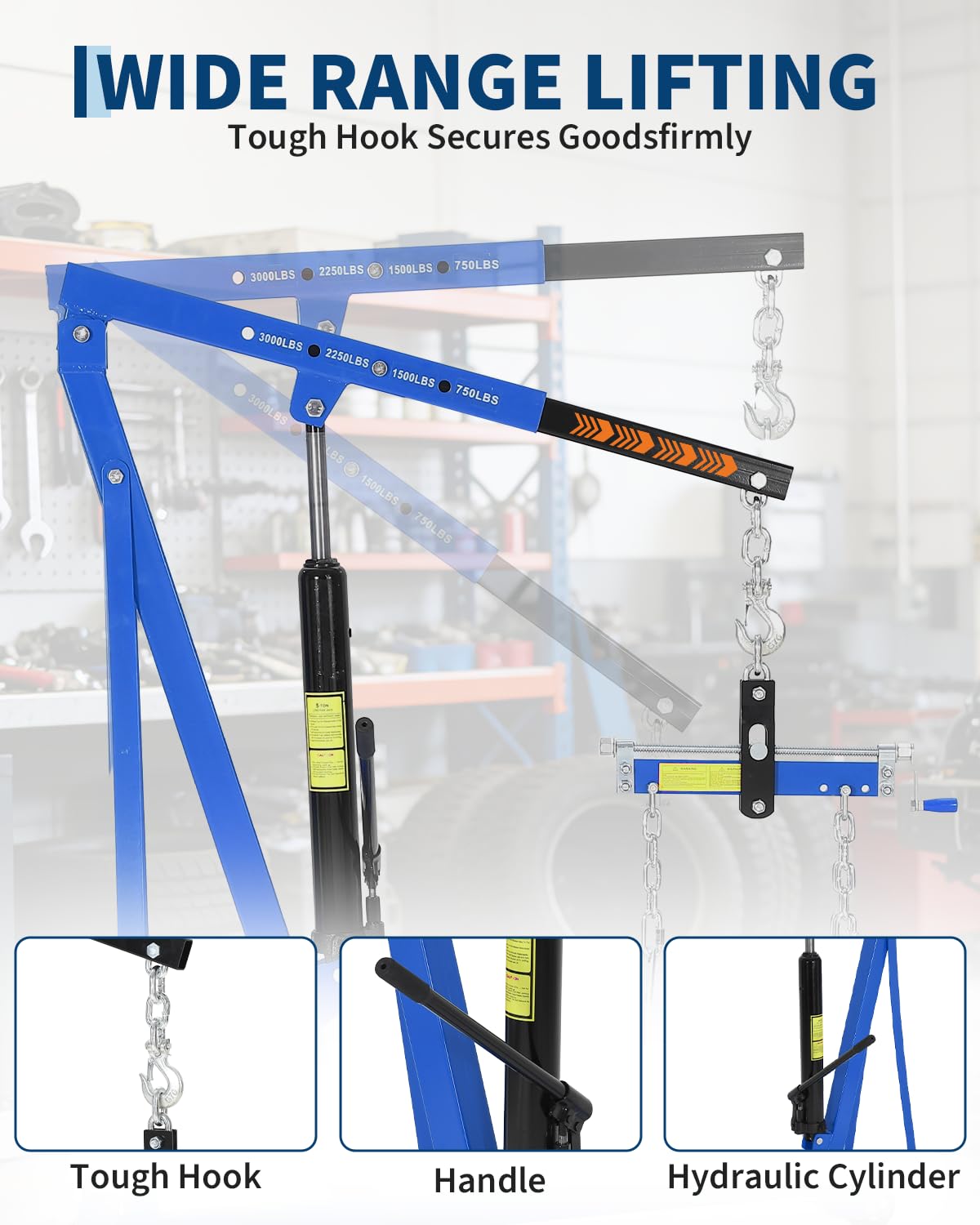 Hydraulic Engine Hoist with Lever, 1.5 Ton (3000 LBS) Capacity Shop Crane with Telescopic Boom & 4 Swivel Casters, Cherry Picker Lift for Home Garage, Auto Repair, and Warehouse Use, Heavy-Duty, Blue