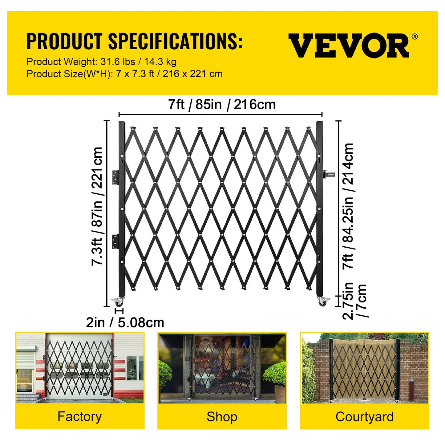 VEVOR Single Folding Security Gate, 7 ft H x 7 ft W Folding Door Gate, Steel Accordion Security Gate, Flexible Expanding Security Gate, 360° Rolling Barricade Gate, Scissor Gate/Door with Padlock
