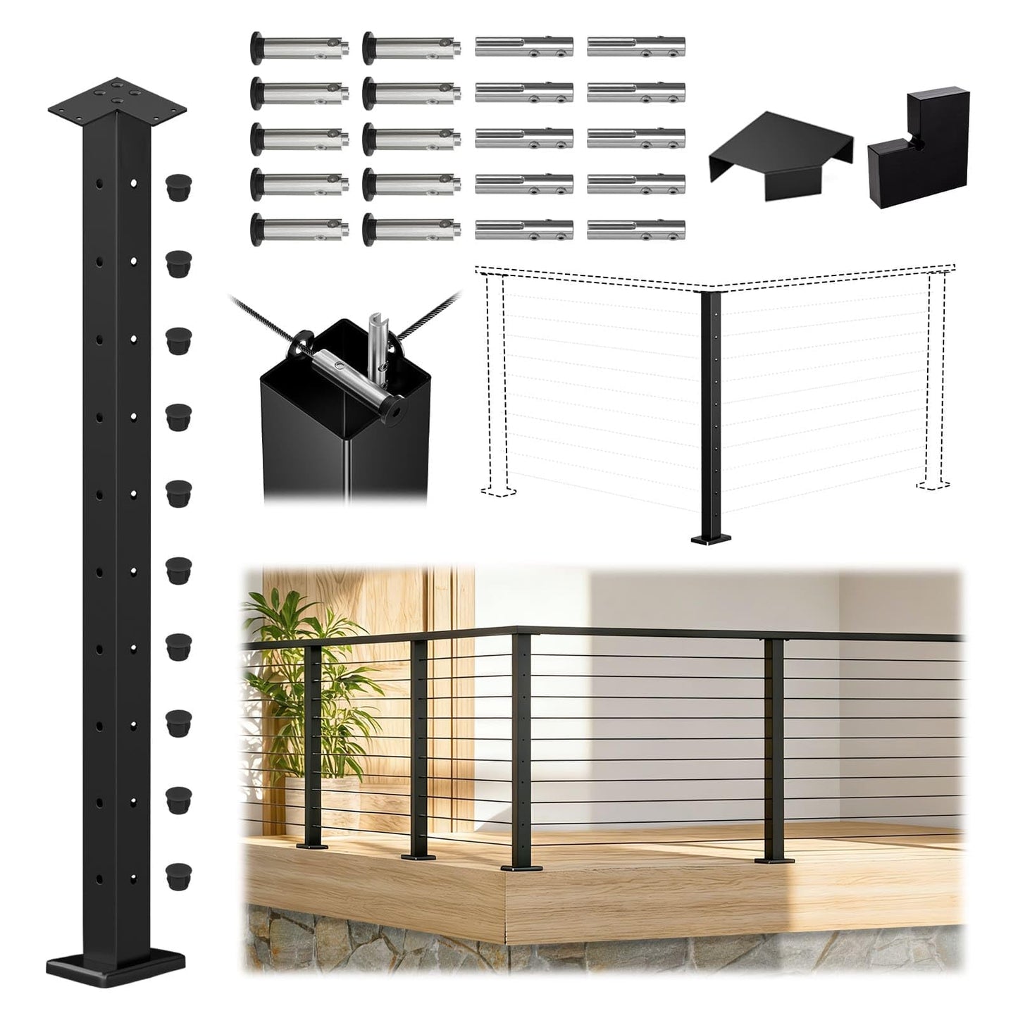 Muzata Black Corner 36 Inch Modular Cable Railing Post T-drilled One-Post Corner Solution Surface Mount Stainless Steel Cable Railing System Kit Indoor Outdoor Modular Post Kit RW39